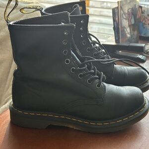 Dr. Martens Black Leather Lace-Up Ankle Boots with Yellow Stitching